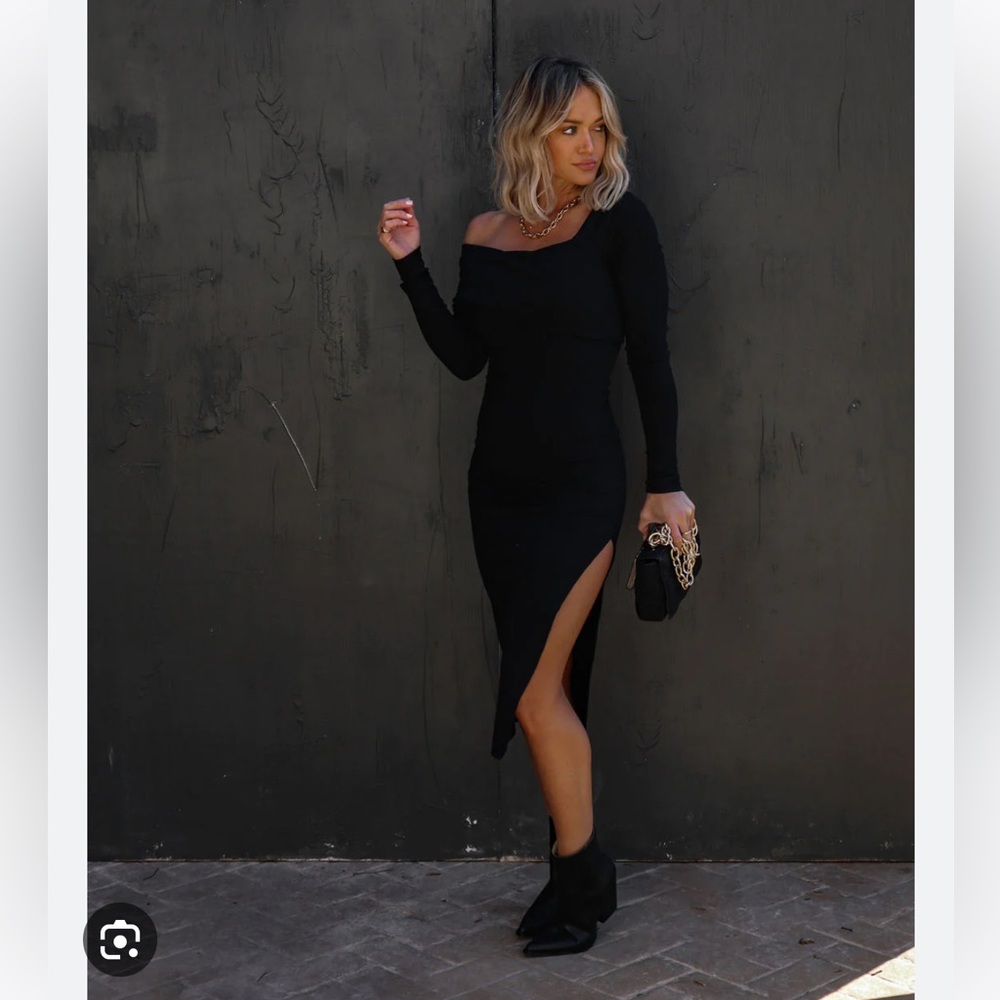 Vici Dunn Asymmetrical Off Shoulder Midi Dress